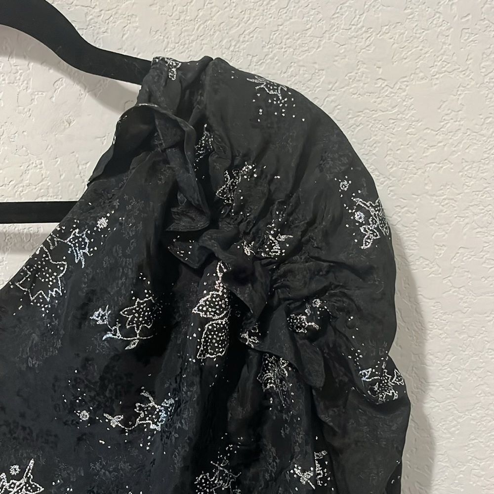 REBECCA TAYLOR One Shoulder 100% Silk Black and Silver Glitter Top, Size 2 - Picture 4 of 12